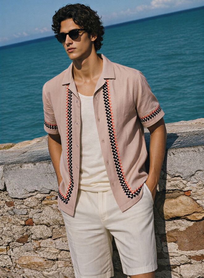 Men Relaxed Fit Embroidered Cuban Collar Resortwear Shirt