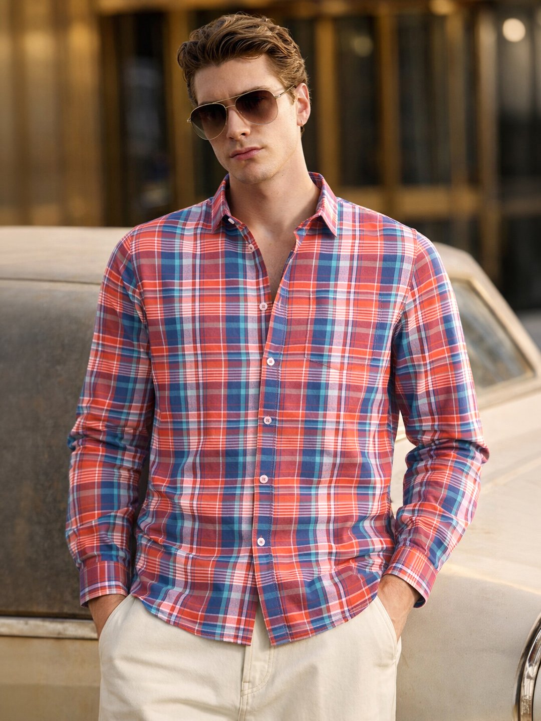 Men Slim Fit Checked Cutaway Collar Casual Shirt