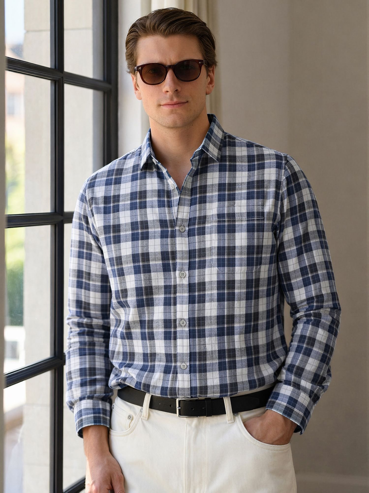 Men Slim Fit Checked Cutaway Collar Casual Shirt