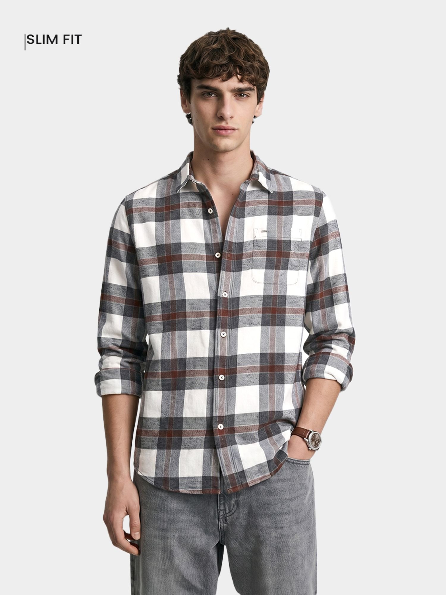 Men Slim Fit Checked Cutaway Collar Casual Shirt