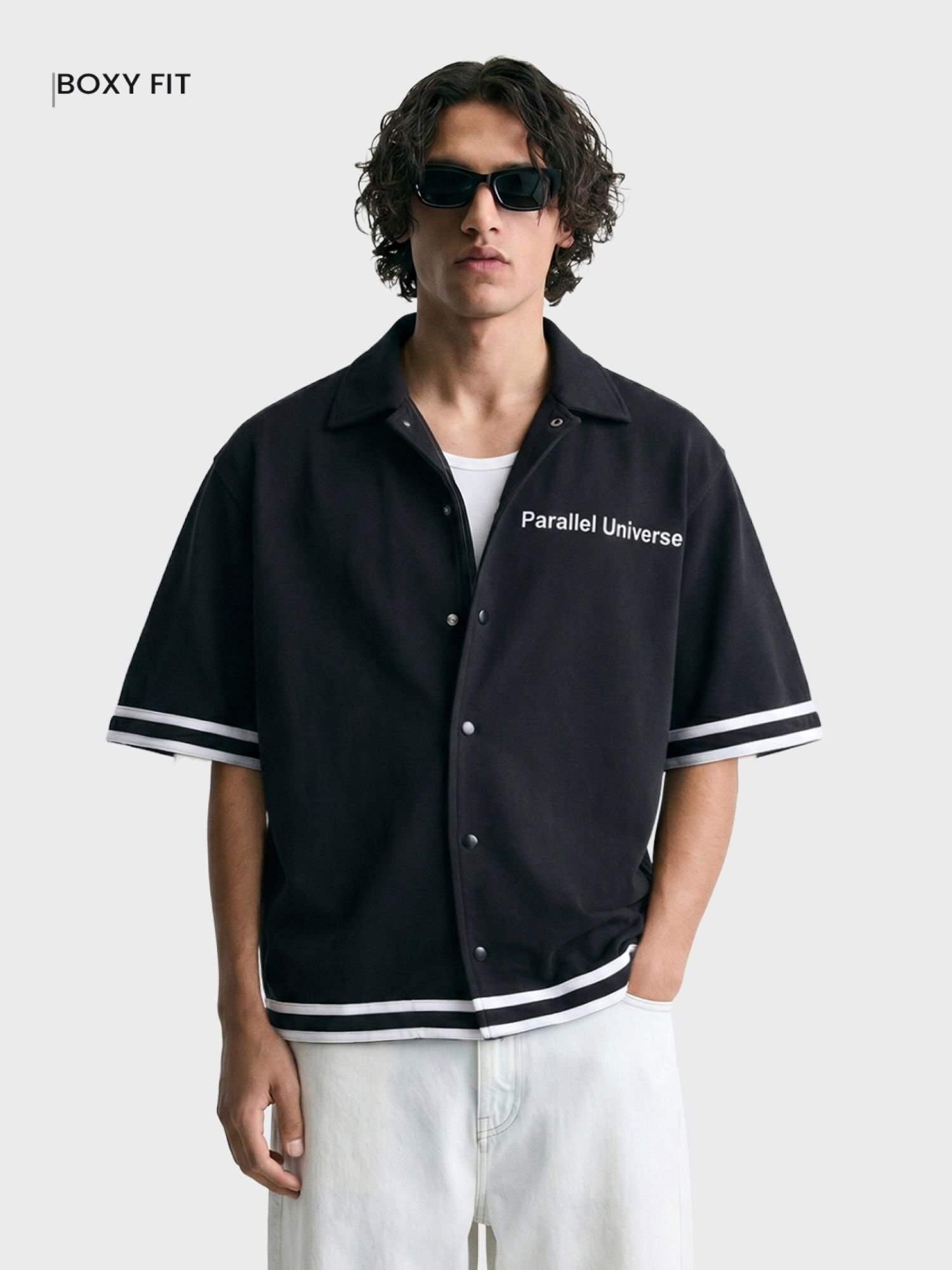 Men Boxy Fit Embroidered Polo Collar Streetwear Shirt