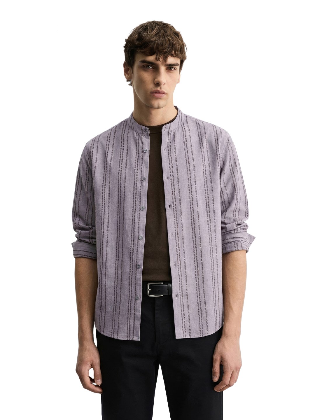 Men Relaxed Fit Striped Mandarin Collar Resortwear Shirt