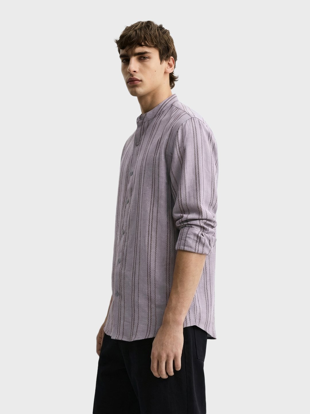 Men Relaxed Fit Striped Mandarin Collar Resortwear Shirt