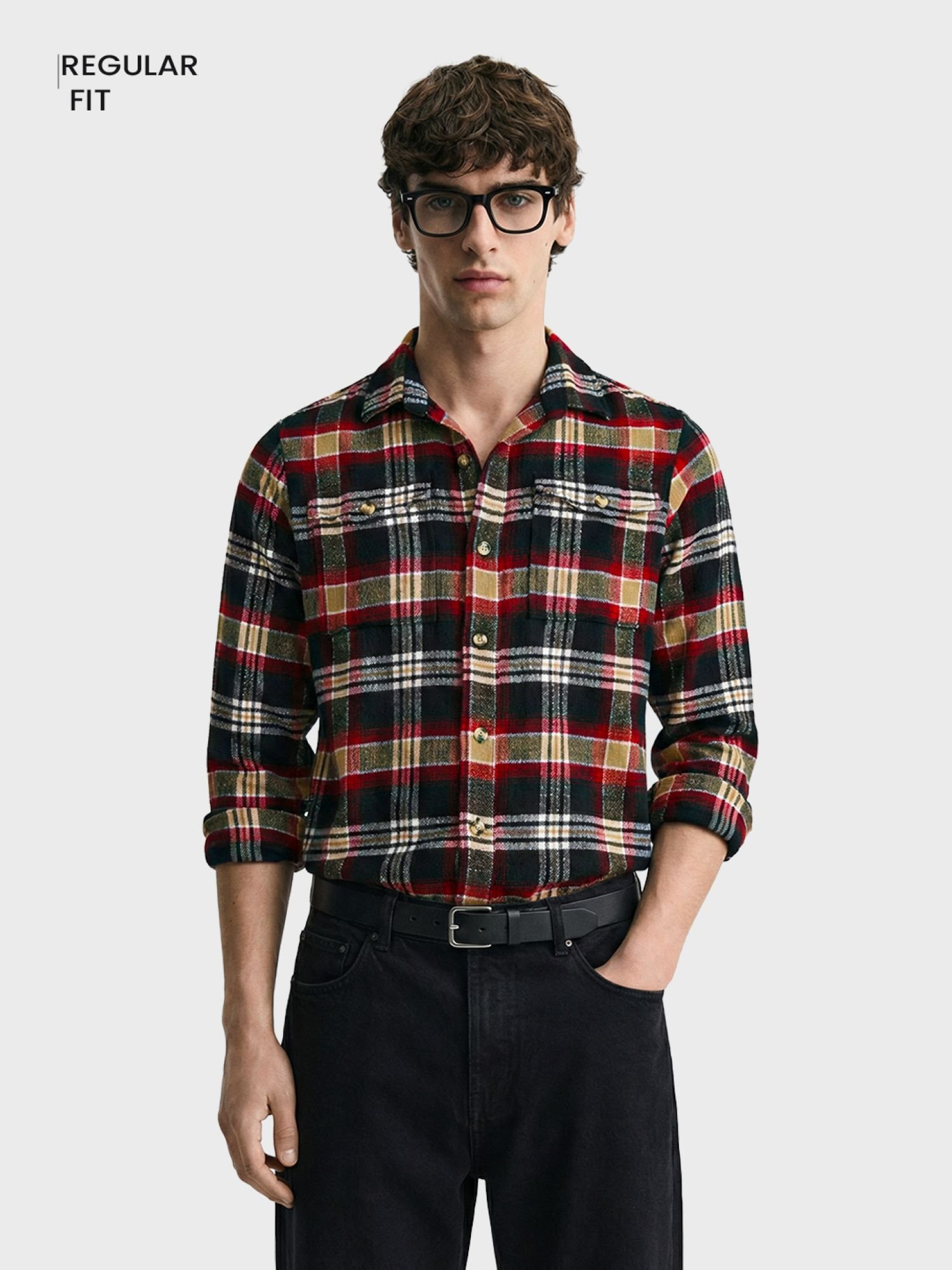 جاكيت قميص كاجوال بطبعة مربعات وقصة عادية وياقة مقصوصة للرجال
