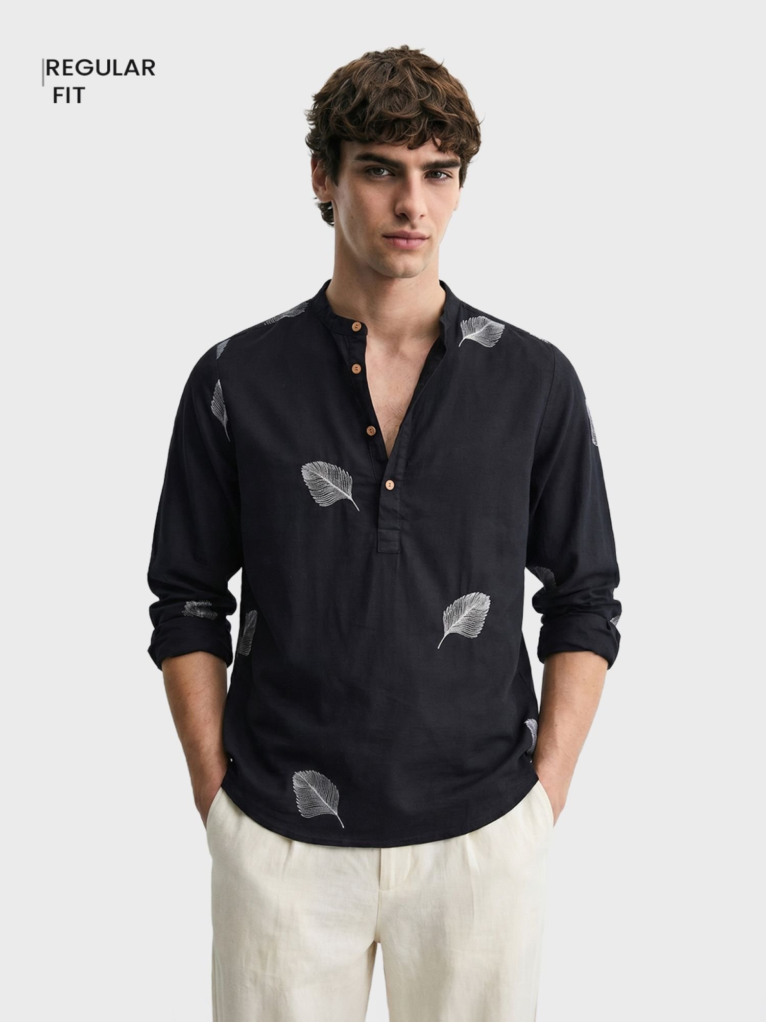 Men Regular Fit Embroidered Mandarin Collar Resortwear Shirt