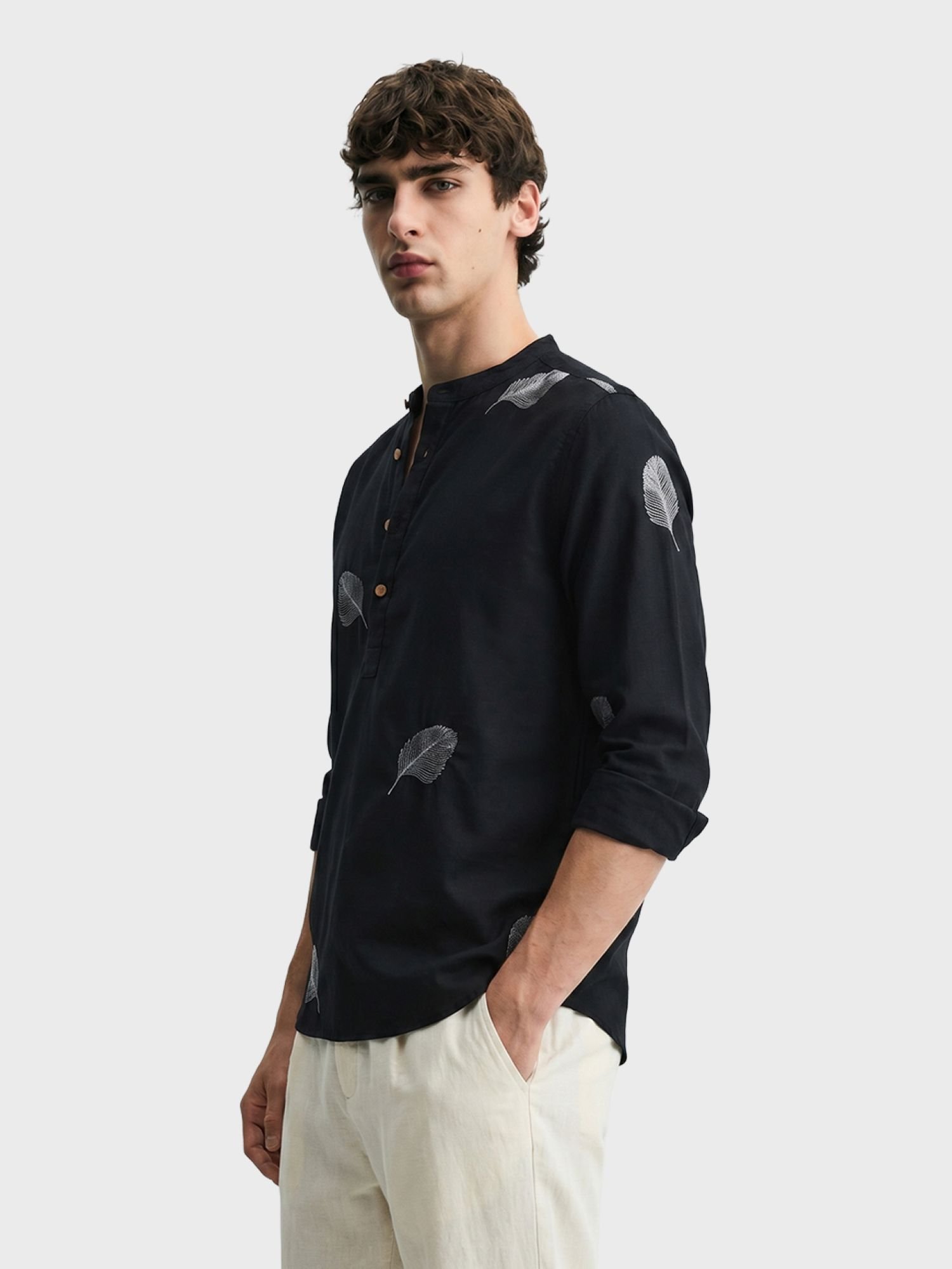 Men Regular Fit Embroidered Mandarin Collar Resortwear Shirt