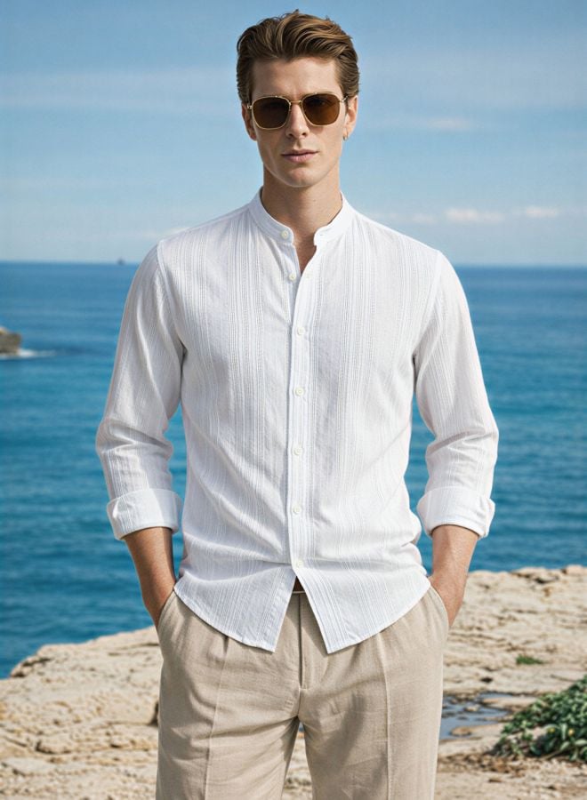 Men Regular Fit Textured Mandarin Collar Resortwear Shirt