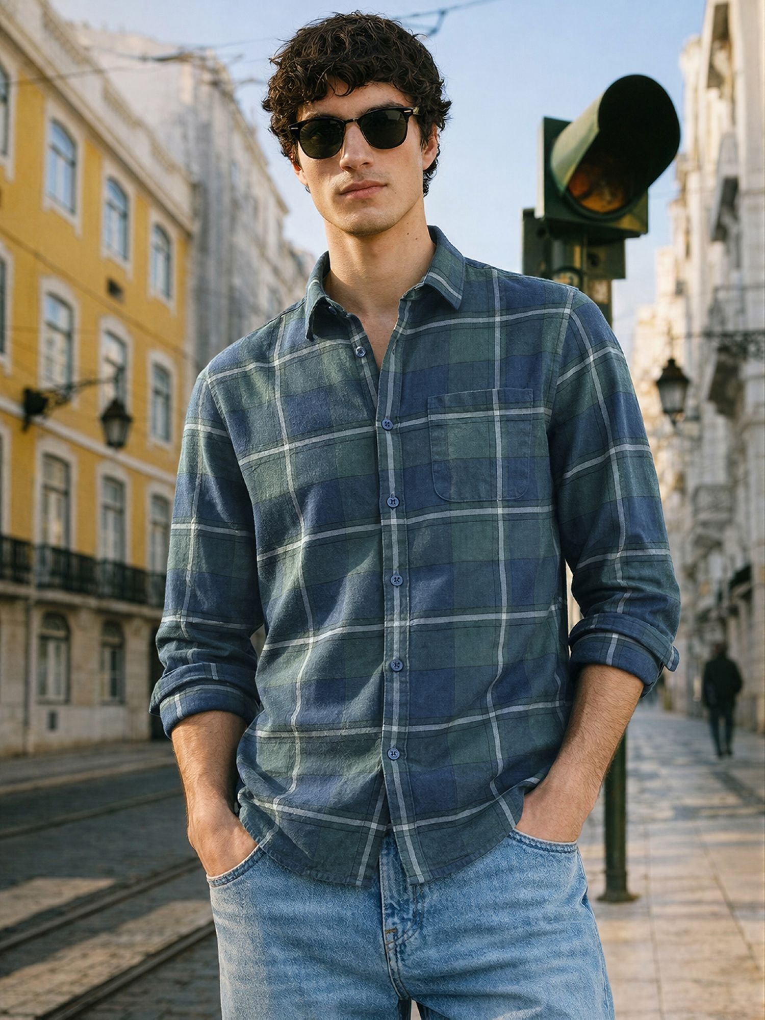 Men Regular Fit Checked Cutaway Collar Casual Shirt