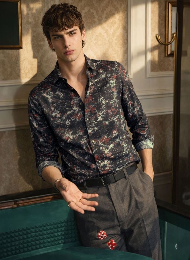 Men Slim Fit Printed Cutaway Collar Party Shirt