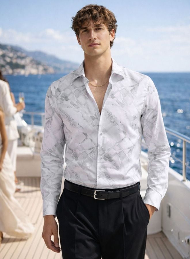 Men Slim Fit Printed Cutaway Collar Party Shirt