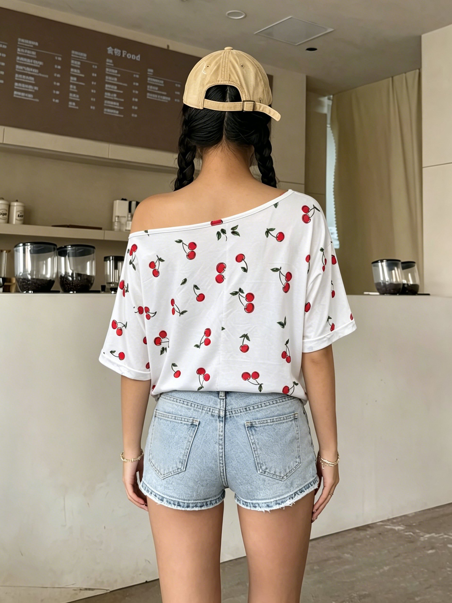 White Cherry Print Off-Shoulder Top