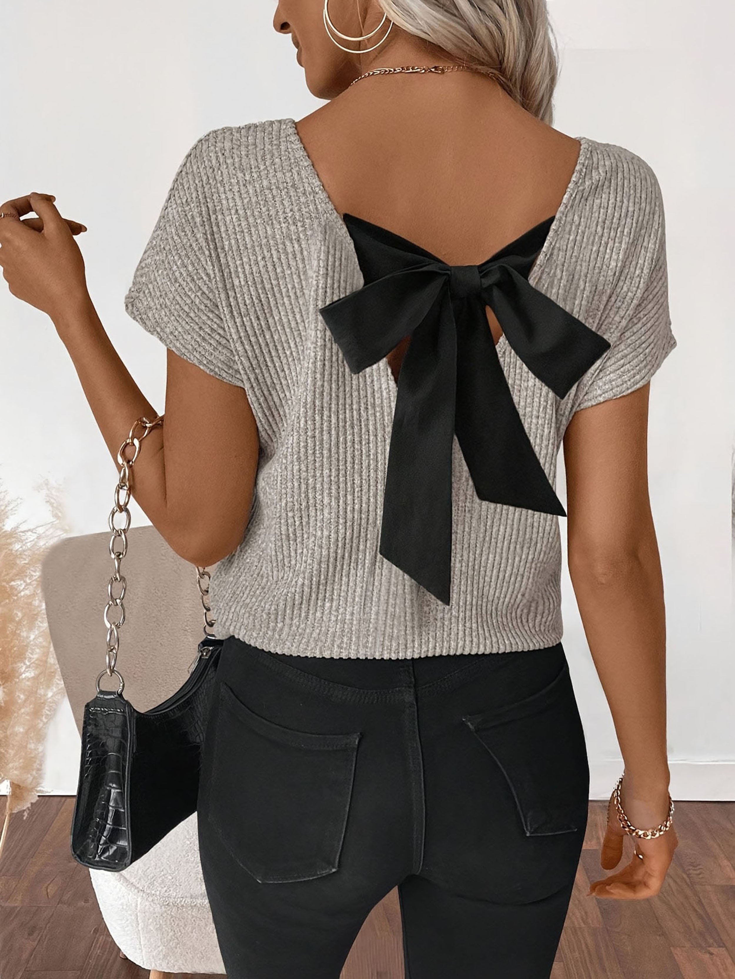 Grey Ribbed V-Neck Short Sleeve Top