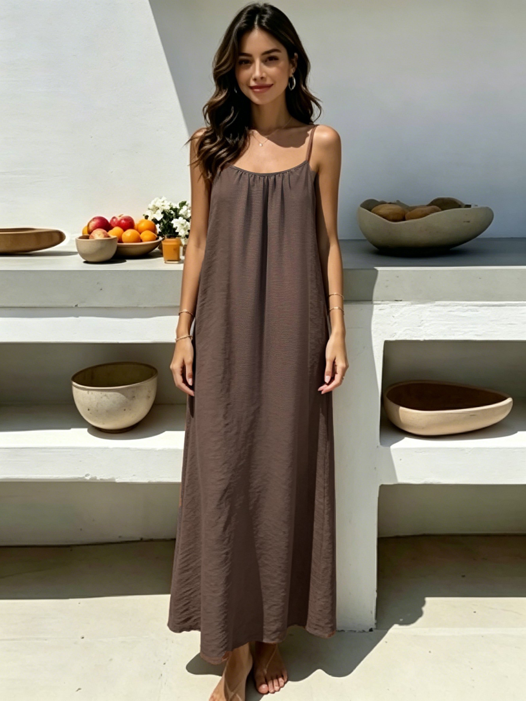 Coffee Brown Solid Slip Dress