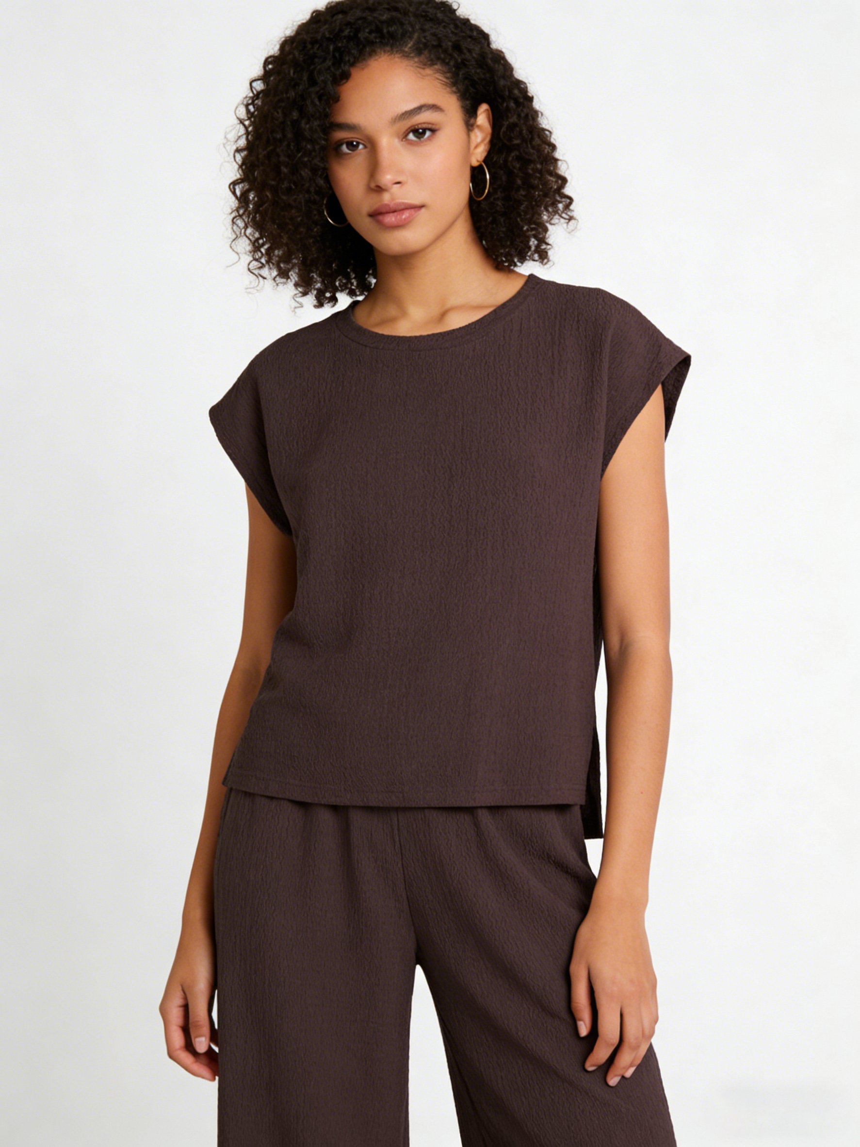 Coffee Brown Solid Knit Tops and Trousers Co-Ords