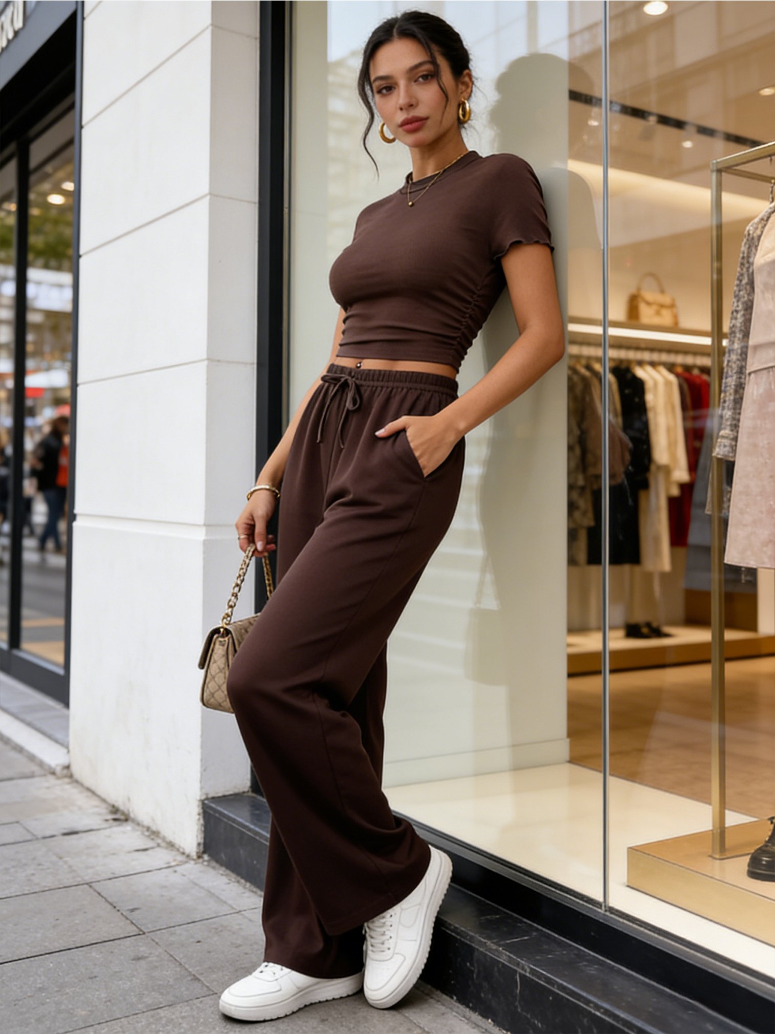 Brown Solid Knit Tops and Trousers Co-Ords