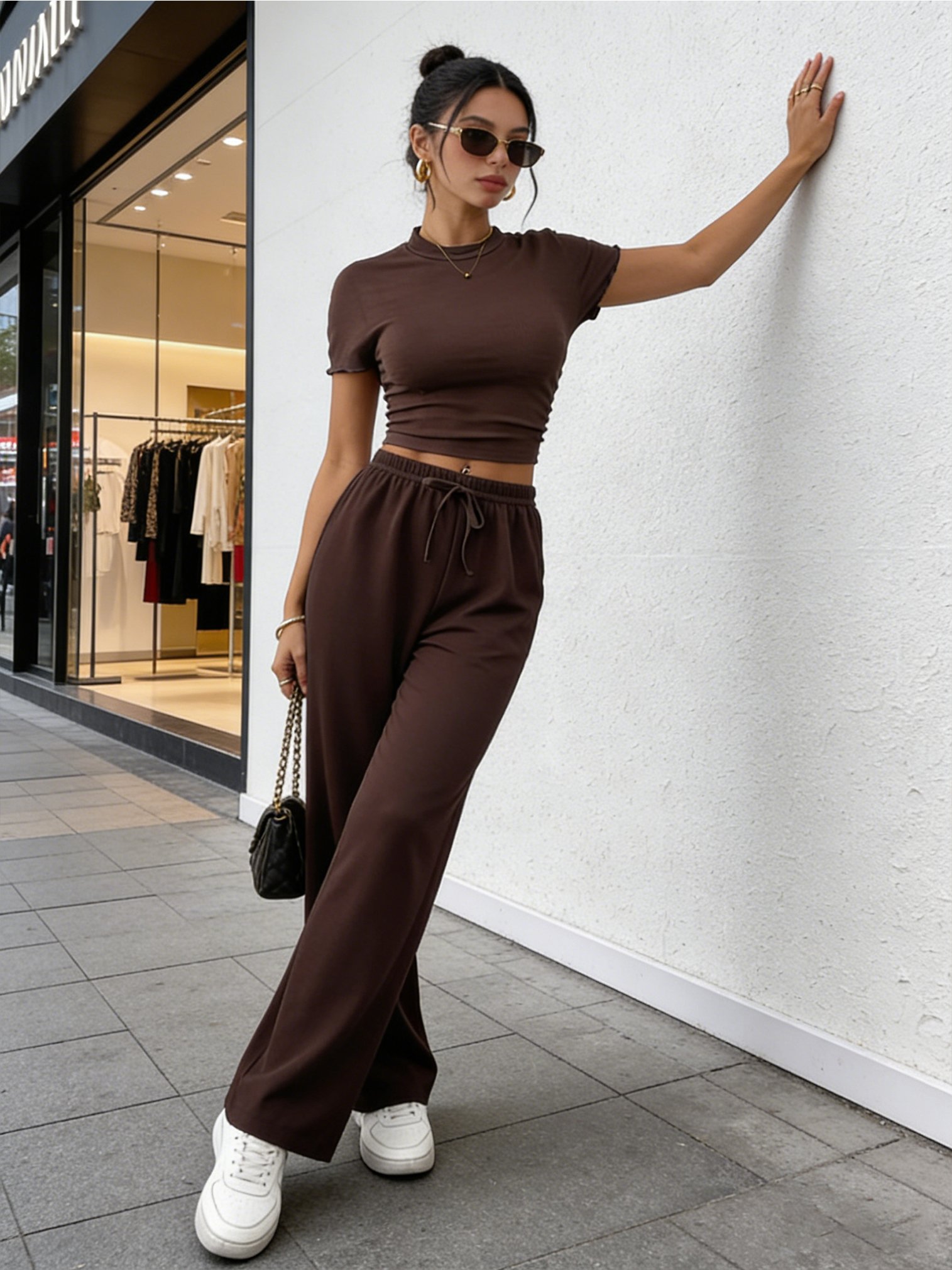 Brown Solid Knit Tops and Trousers Co-Ords