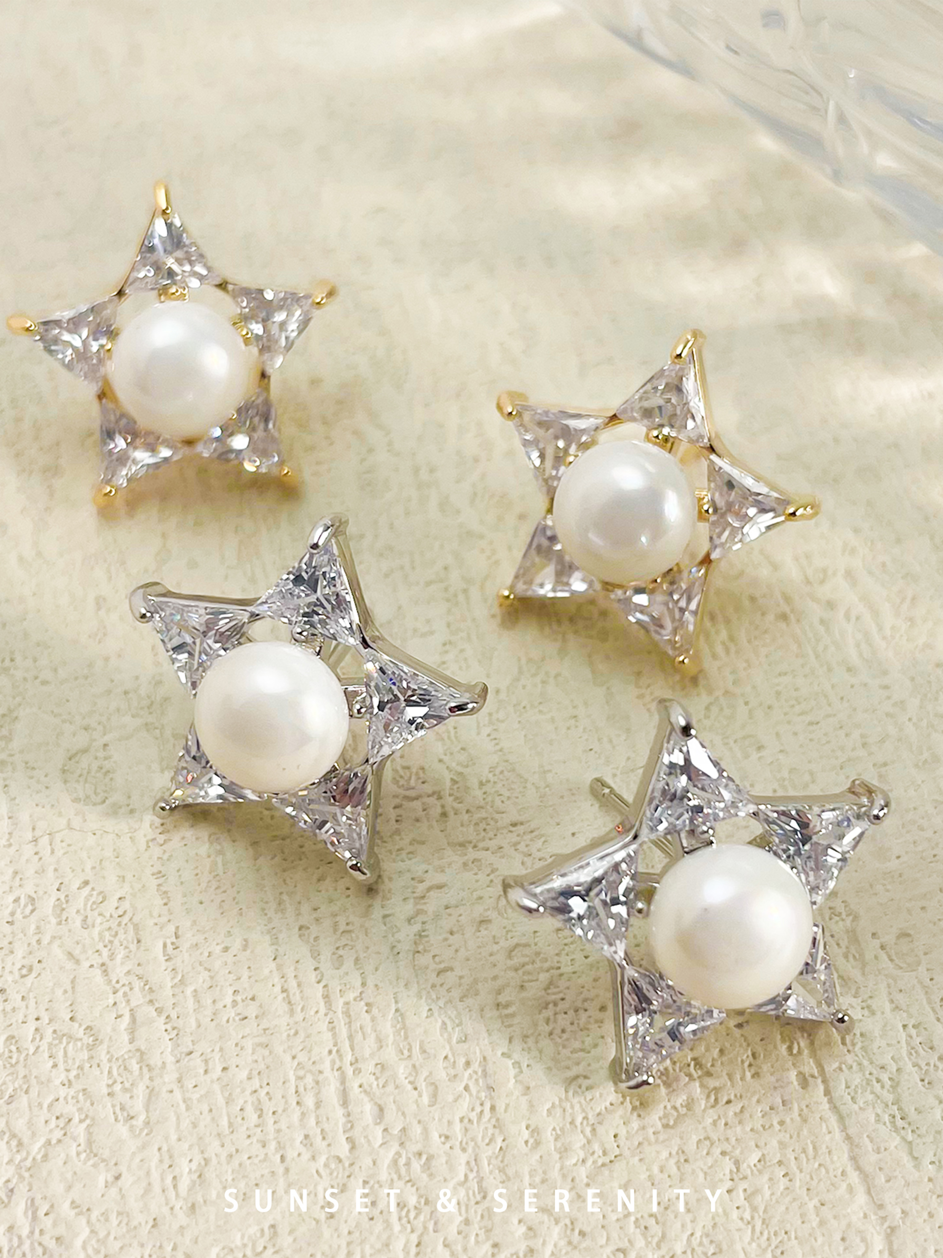 Faux Pearl Star Stud Earrings