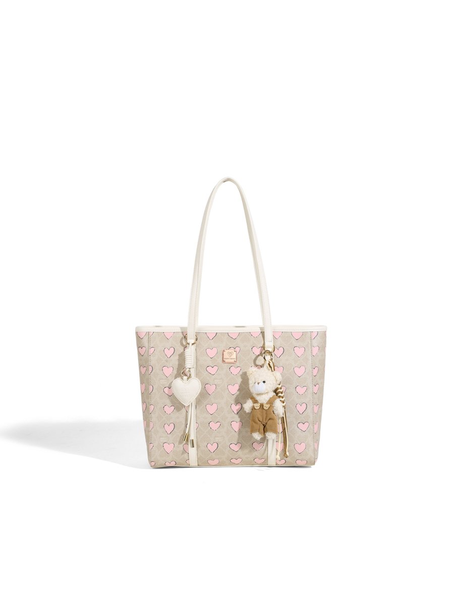 Beige Heart-Print Shoulder Bag with Charm