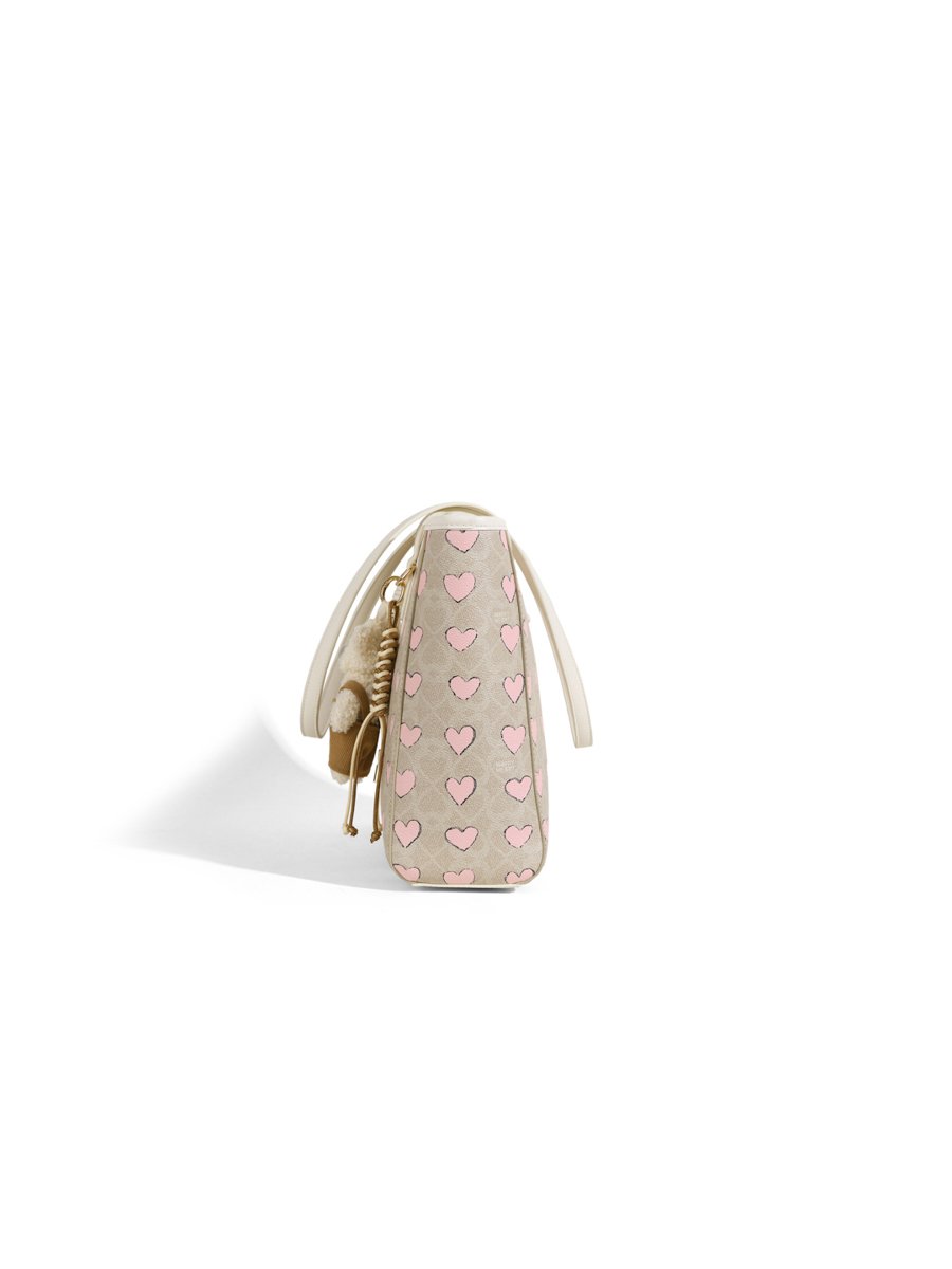 Beige Heart-Print Shoulder Bag with Charm