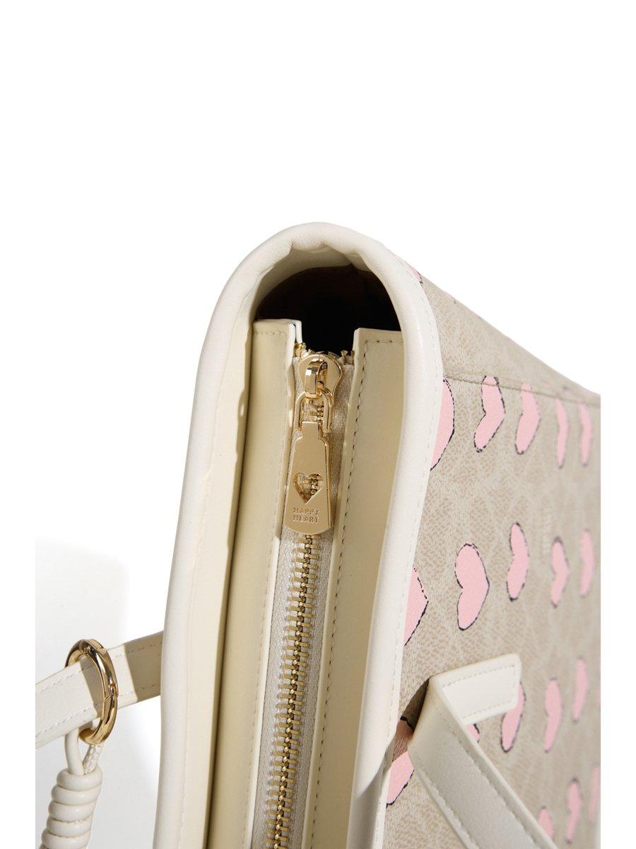 Beige Heart-Print Shoulder Bag with Charm