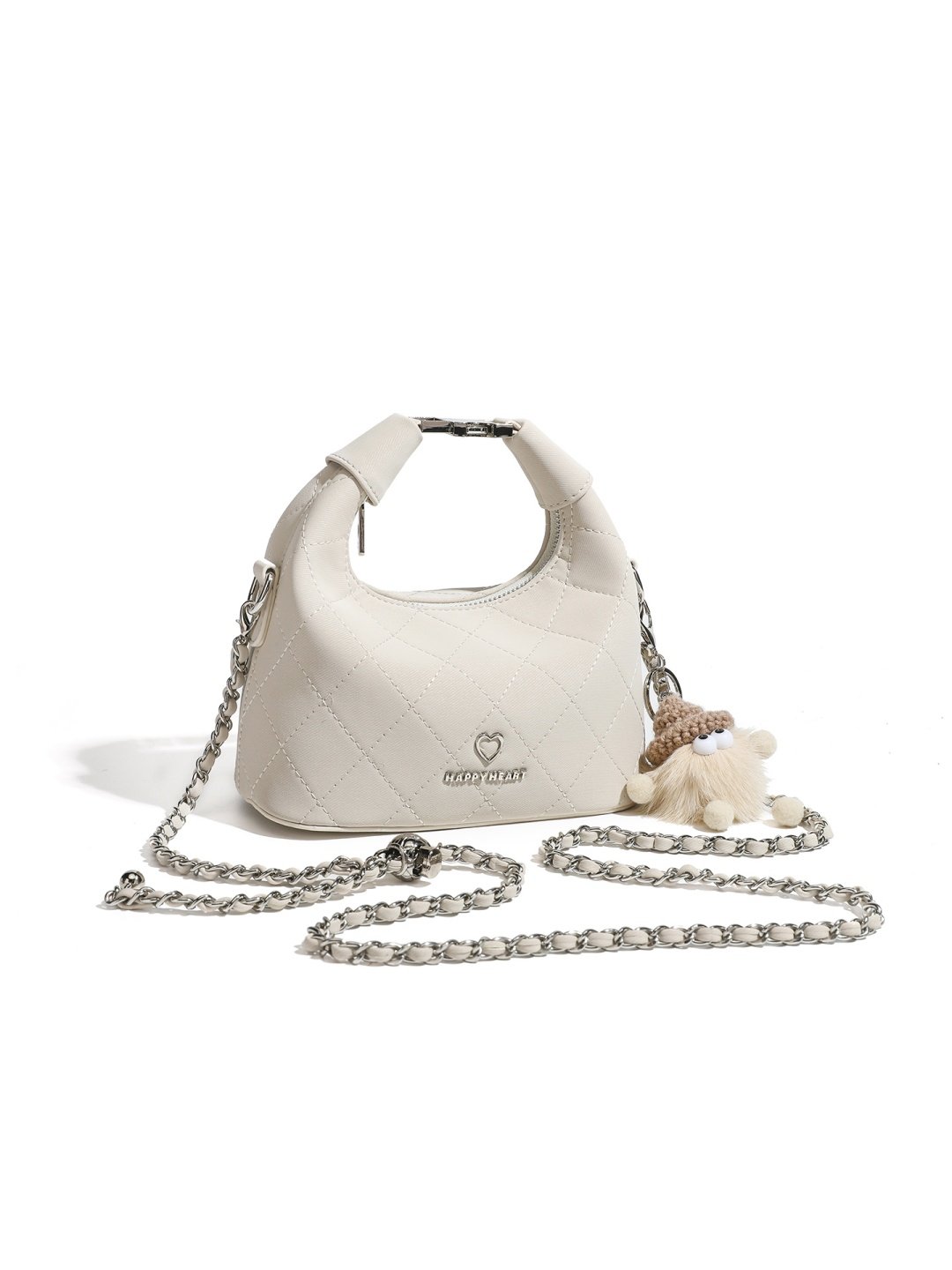 Beige Quilted Crossbody Bag with Chain Strap