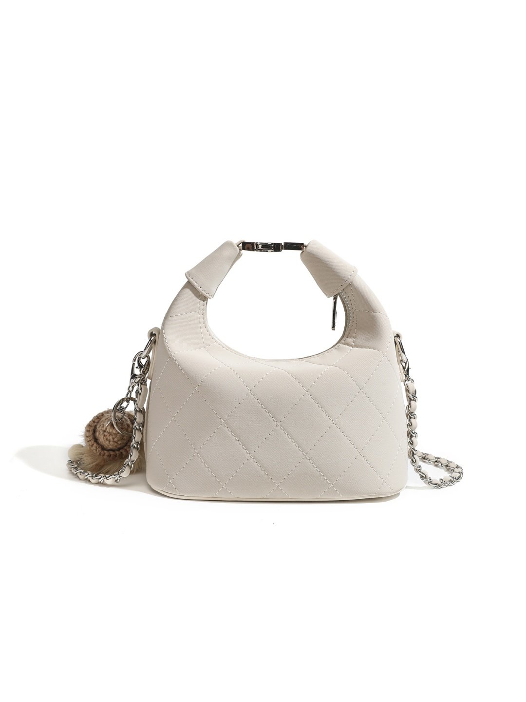 Beige Quilted Crossbody Bag with Chain Strap