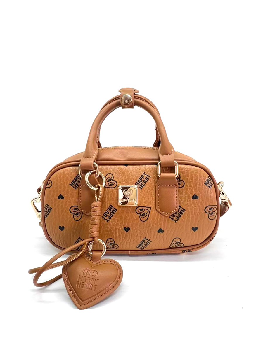 Brown Printed Crossbody Bag with Heart Charm