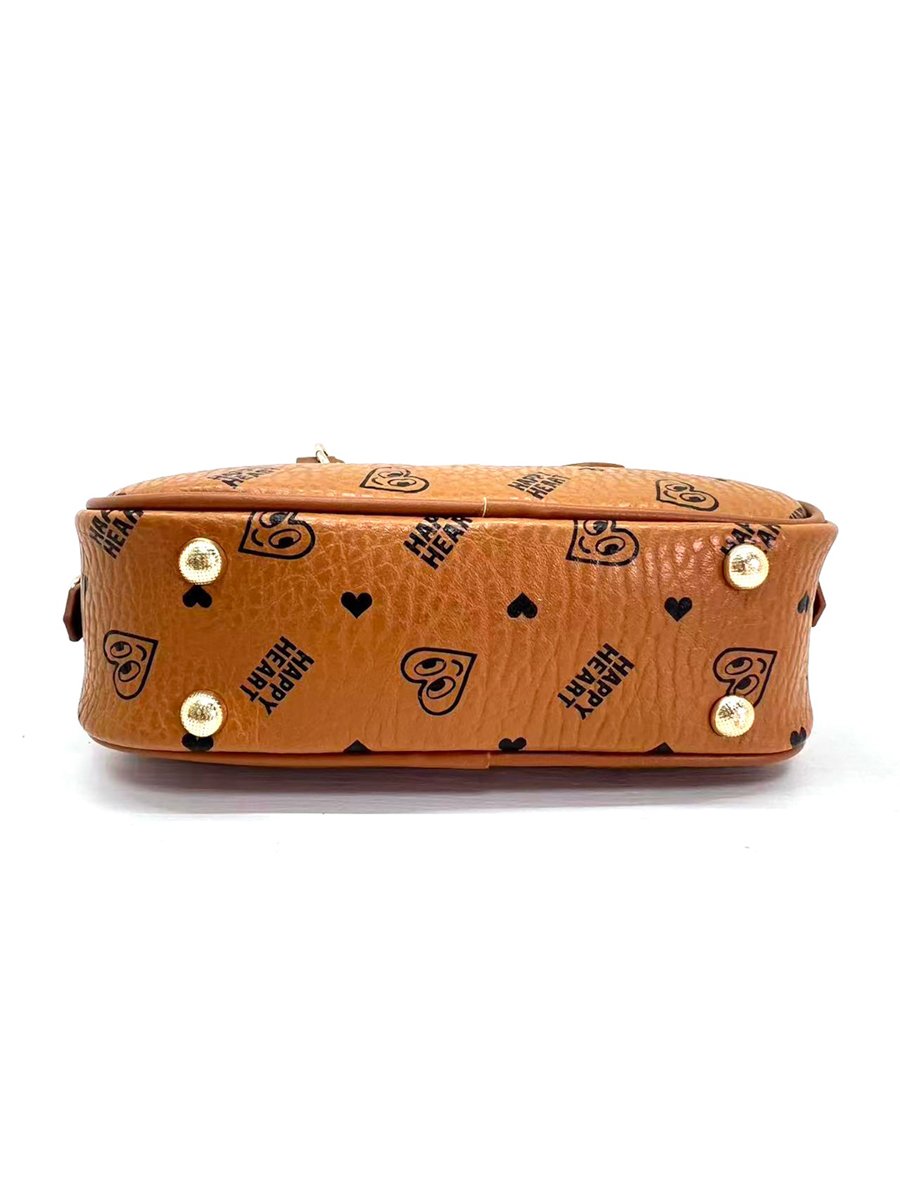Brown Printed Crossbody Bag with Heart Charm