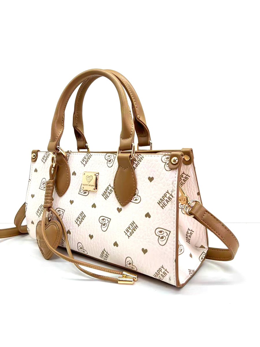 Beige Printed Crossbody Bag with Heart Charm