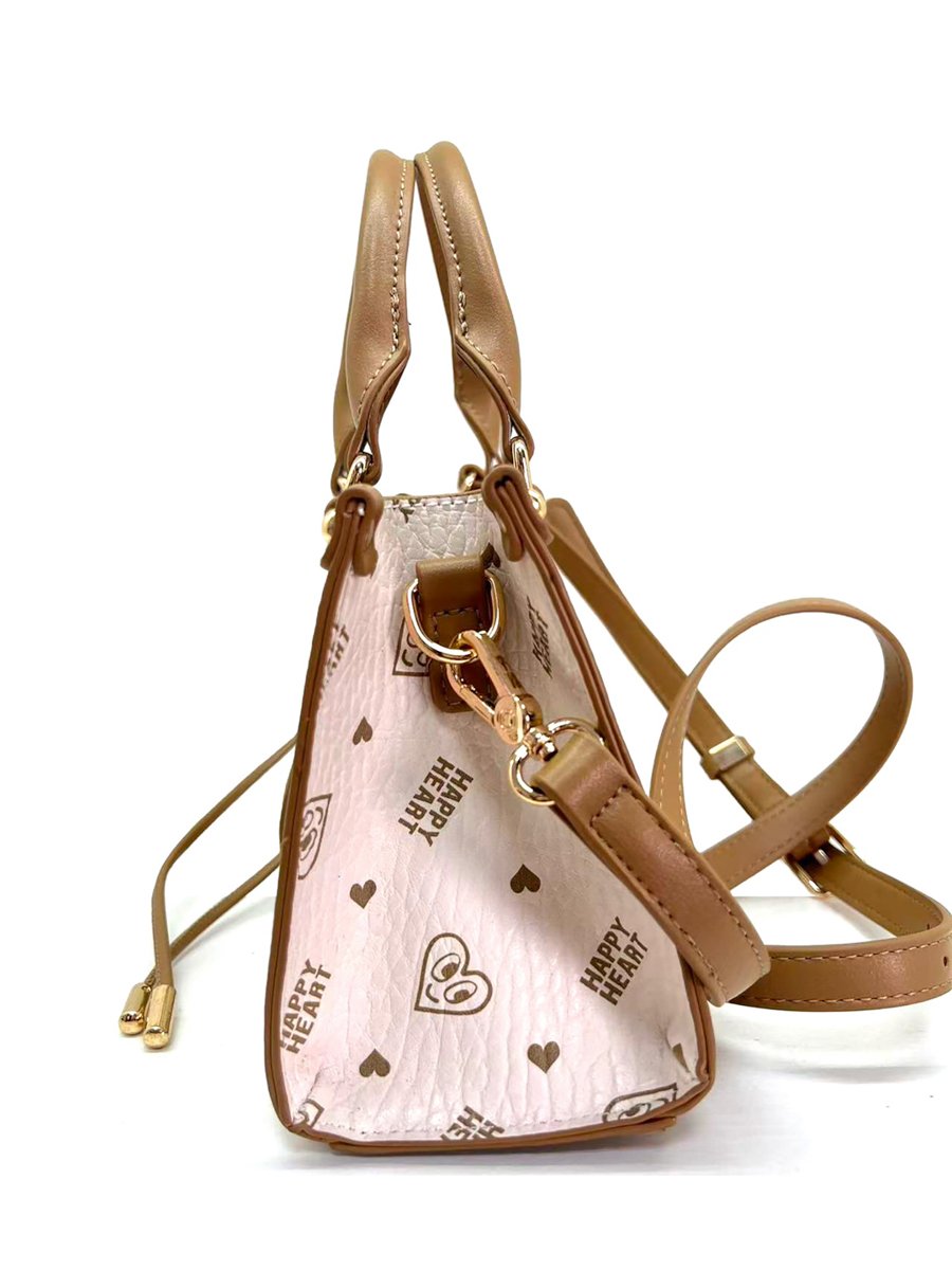 Beige Printed Crossbody Bag with Heart Charm