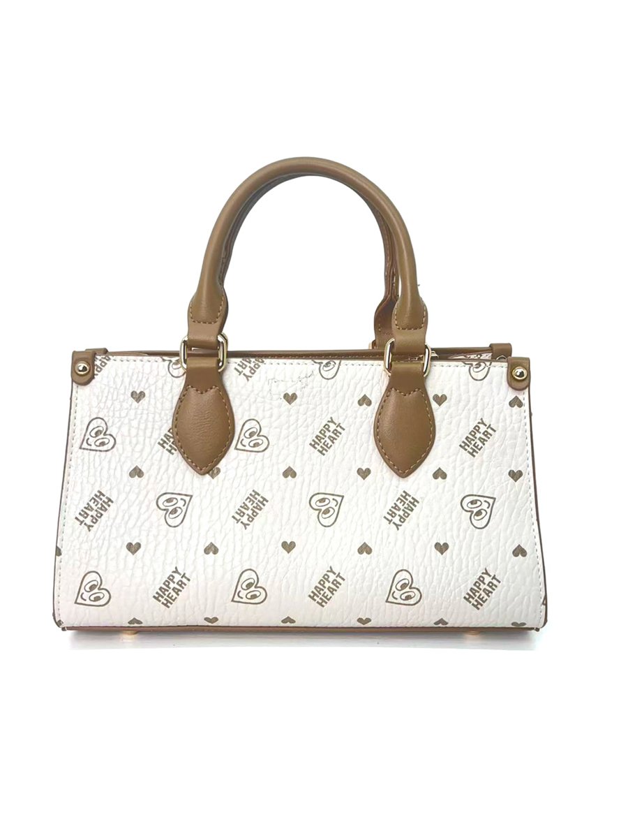 Beige Printed Crossbody Bag with Heart Charm