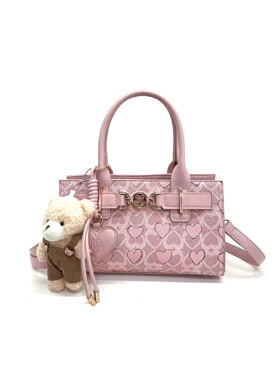 Pink Printed Crossbody Bag with Plush Charm
