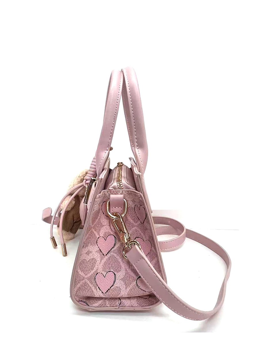 Pink Printed Crossbody Bag with Plush Charm