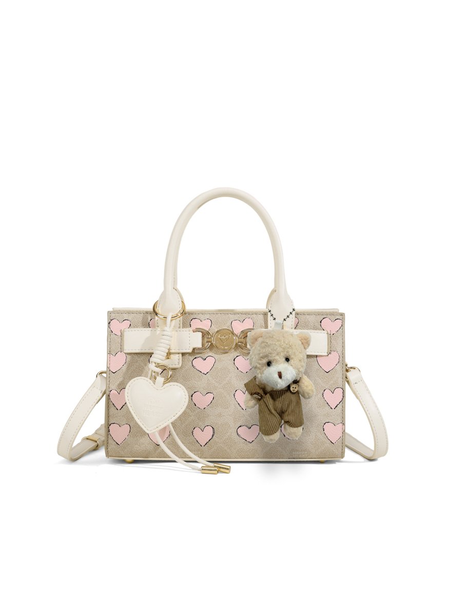 Beige Heart Print Crossbody Bag