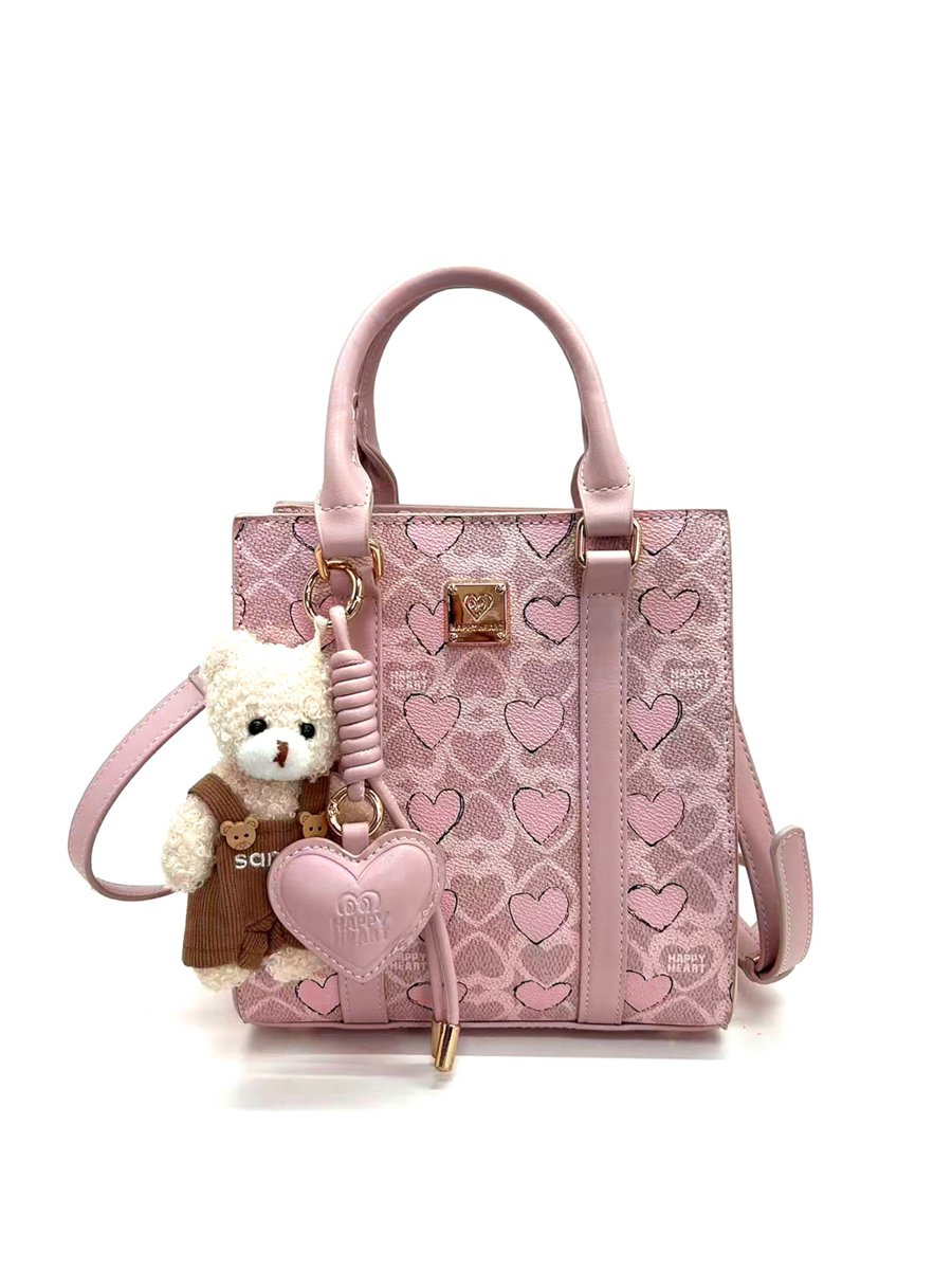 Pink Printed Crossbody Bag with Plush Charm