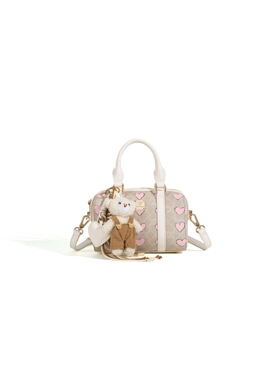 Beige Heart Print Crossbody Bag with Top Handle