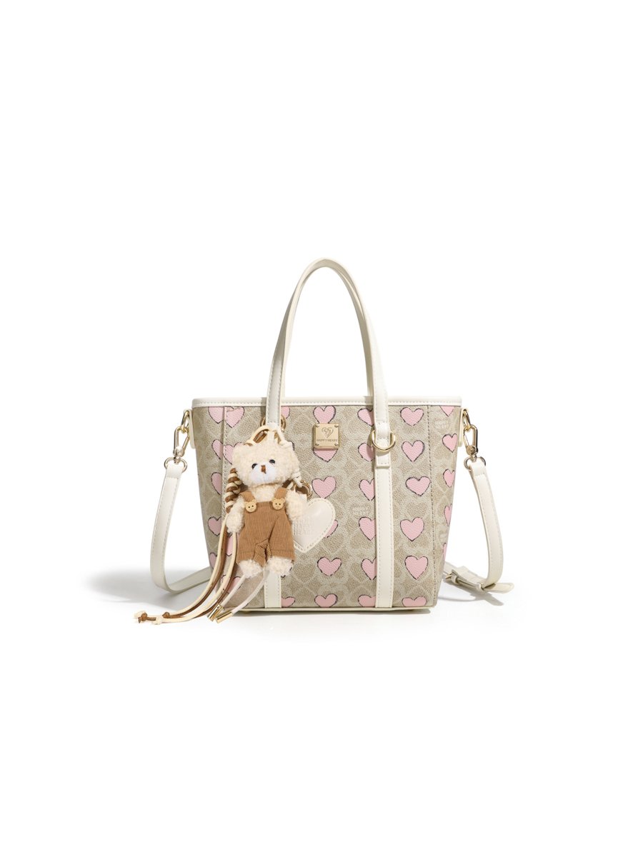 Beige Heart-Print Crossbody Bag with Top Handles