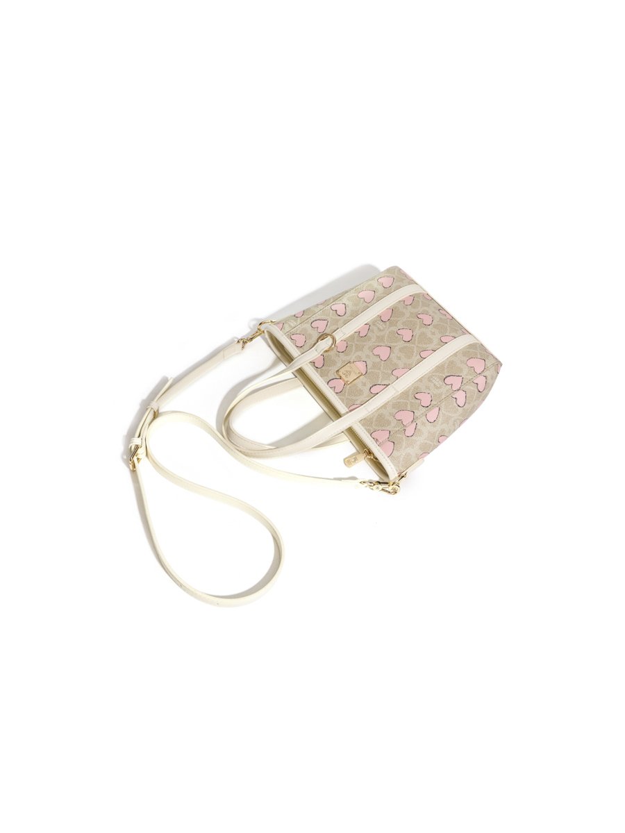 Beige Heart-Print Crossbody Bag with Top Handles