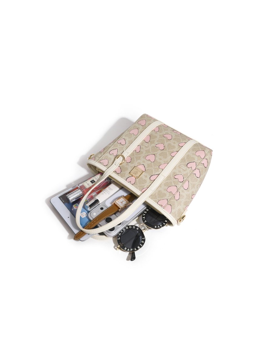 Beige Heart-Print Crossbody Bag with Top Handles