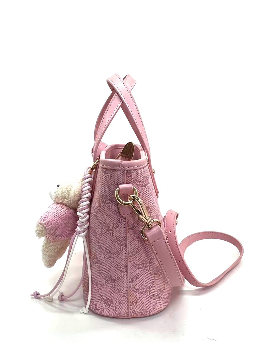 Pink Printed Crossbody Bag with Plush Charm