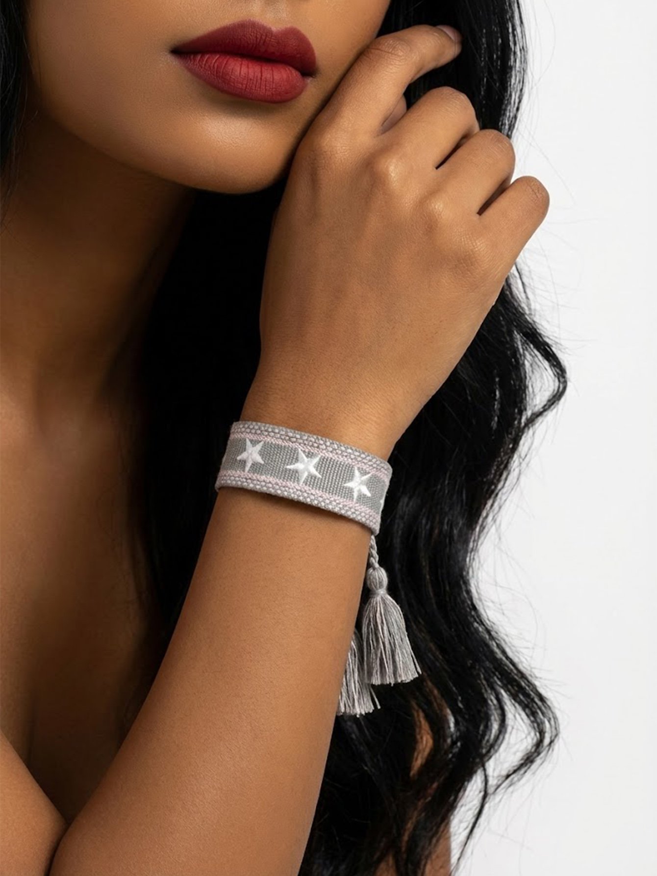 Star Embroidered Stretch Bracelet with Tassels