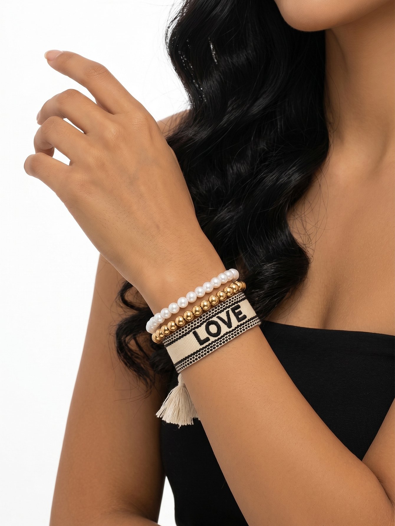 Multi-Color LOVE Embroidered and Beaded Bracelet Set - Pack of 3