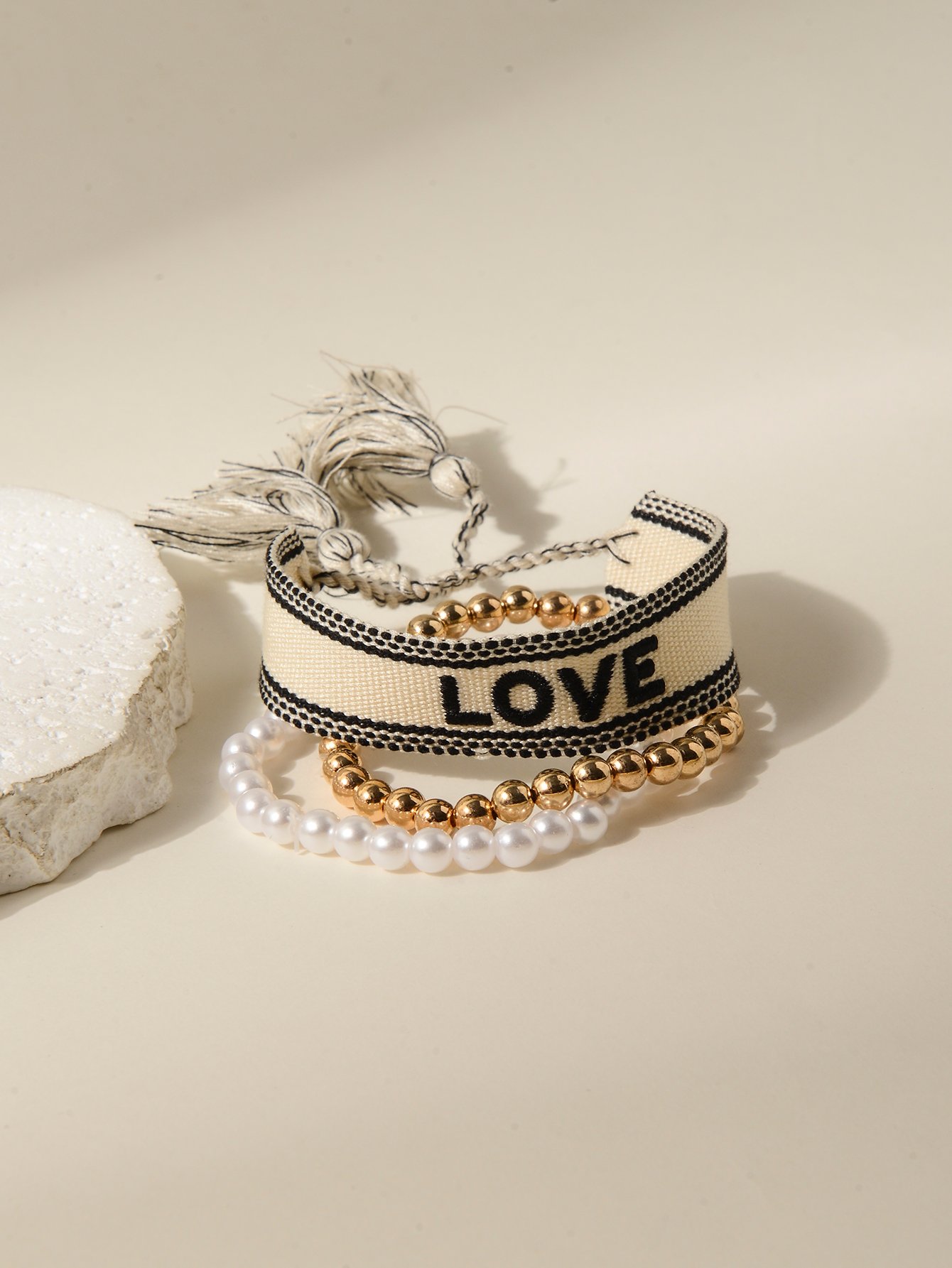Multi-Color LOVE Embroidered and Beaded Bracelet Set - Pack of 3