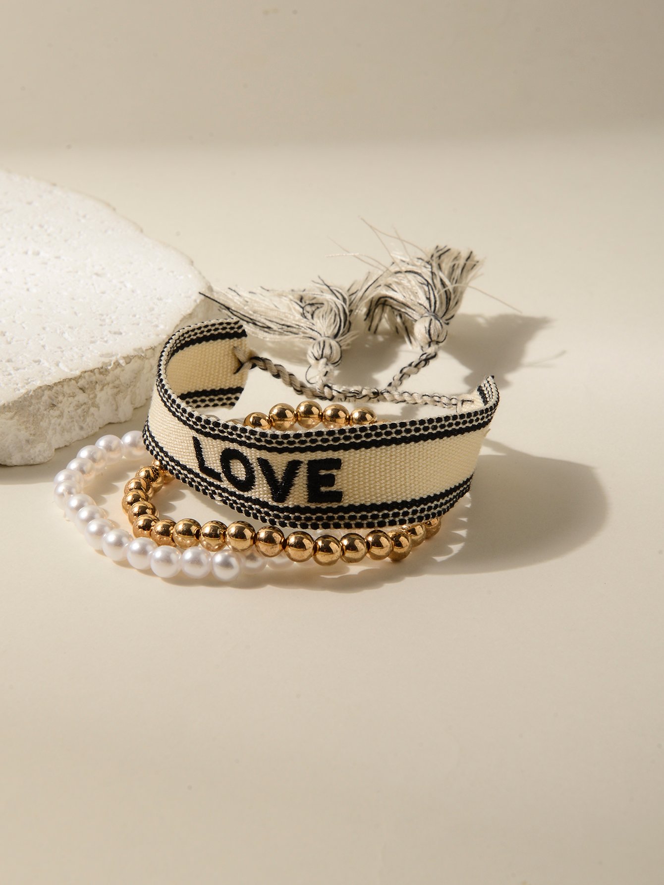 Multi-Color LOVE Embroidered and Beaded Bracelet Set - Pack of 3