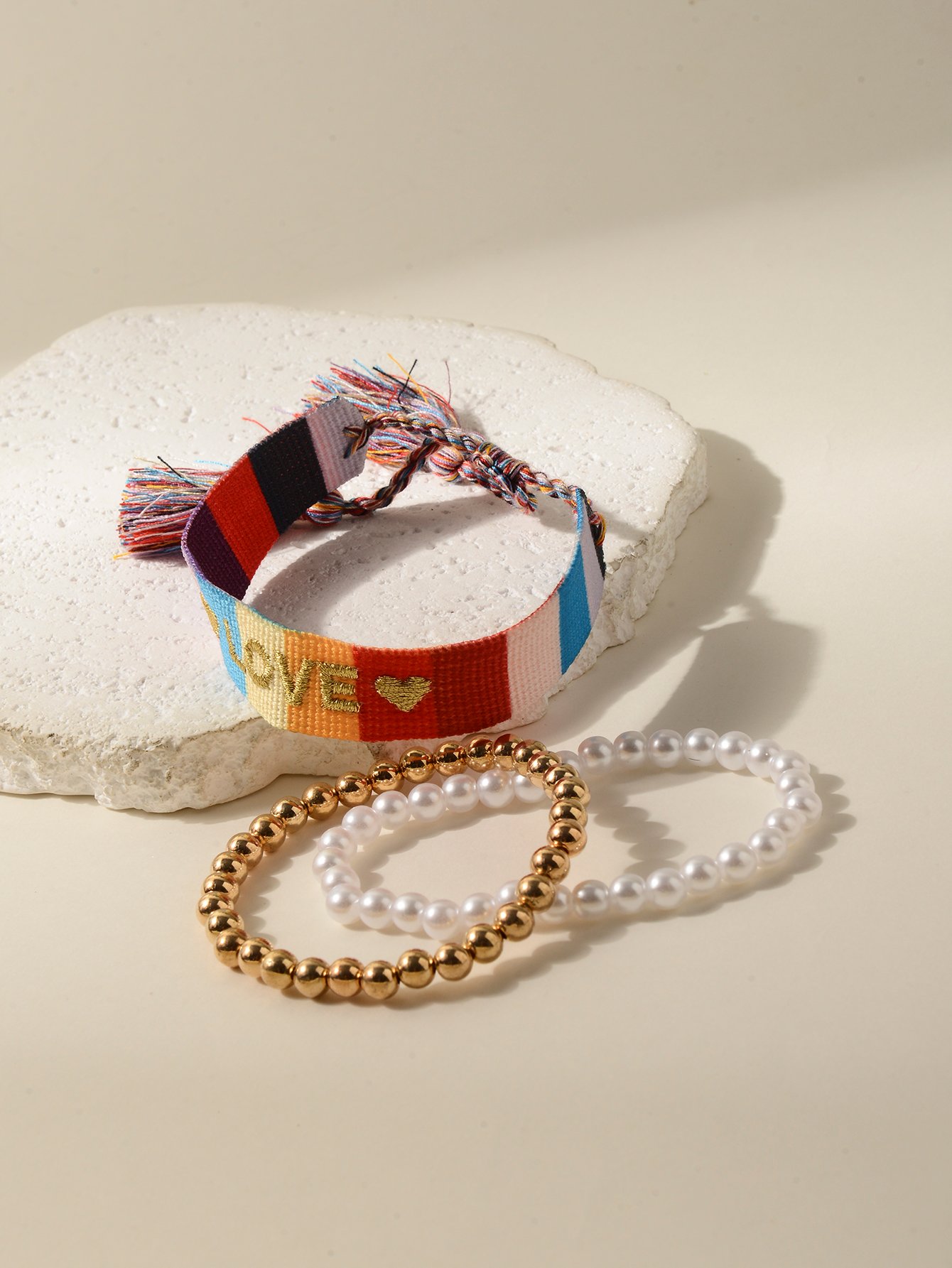 Multi-Color Love Embroidery and Beaded Bracelet Set - 3 Pcs