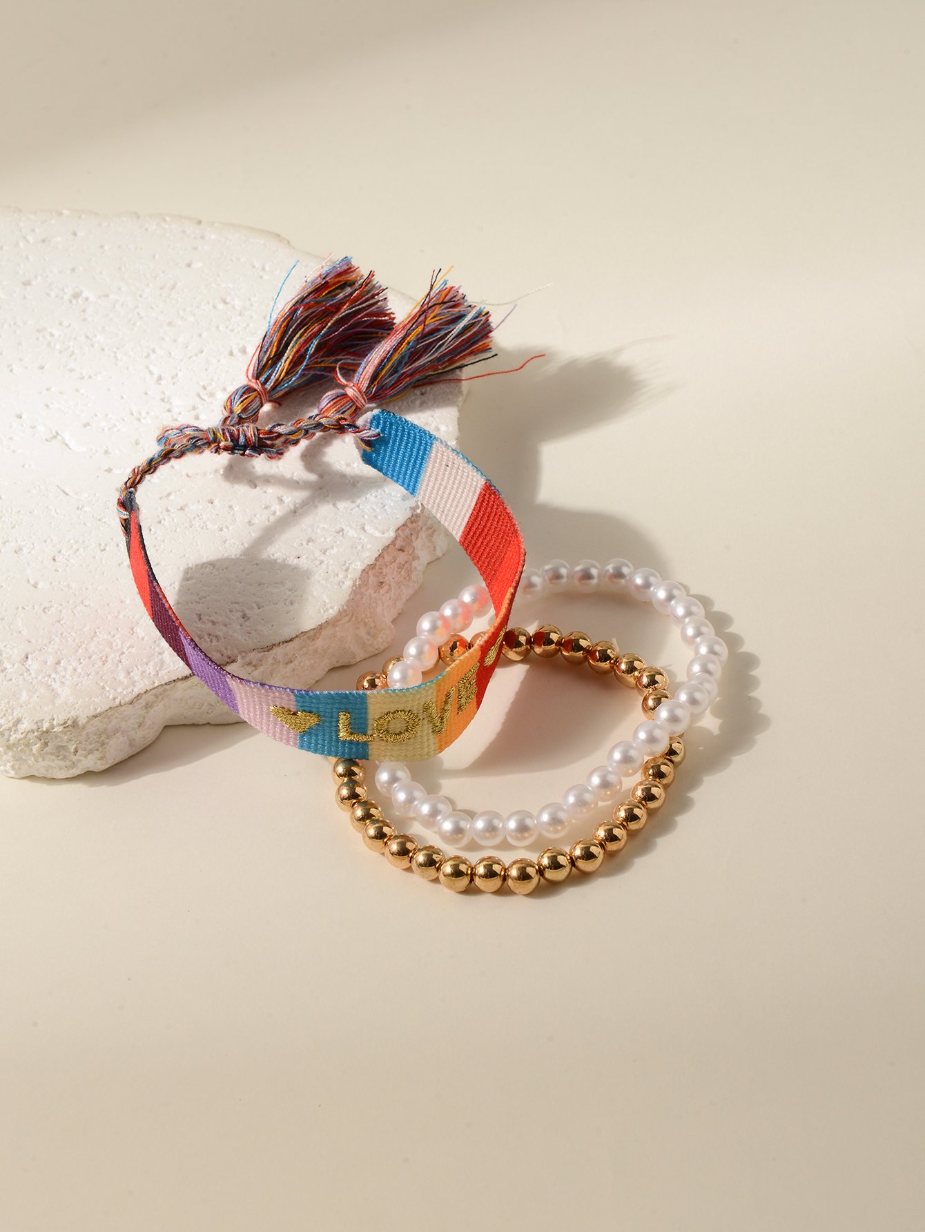 Multi-Color Love Embroidery and Beaded Bracelet Set - 3 Pcs