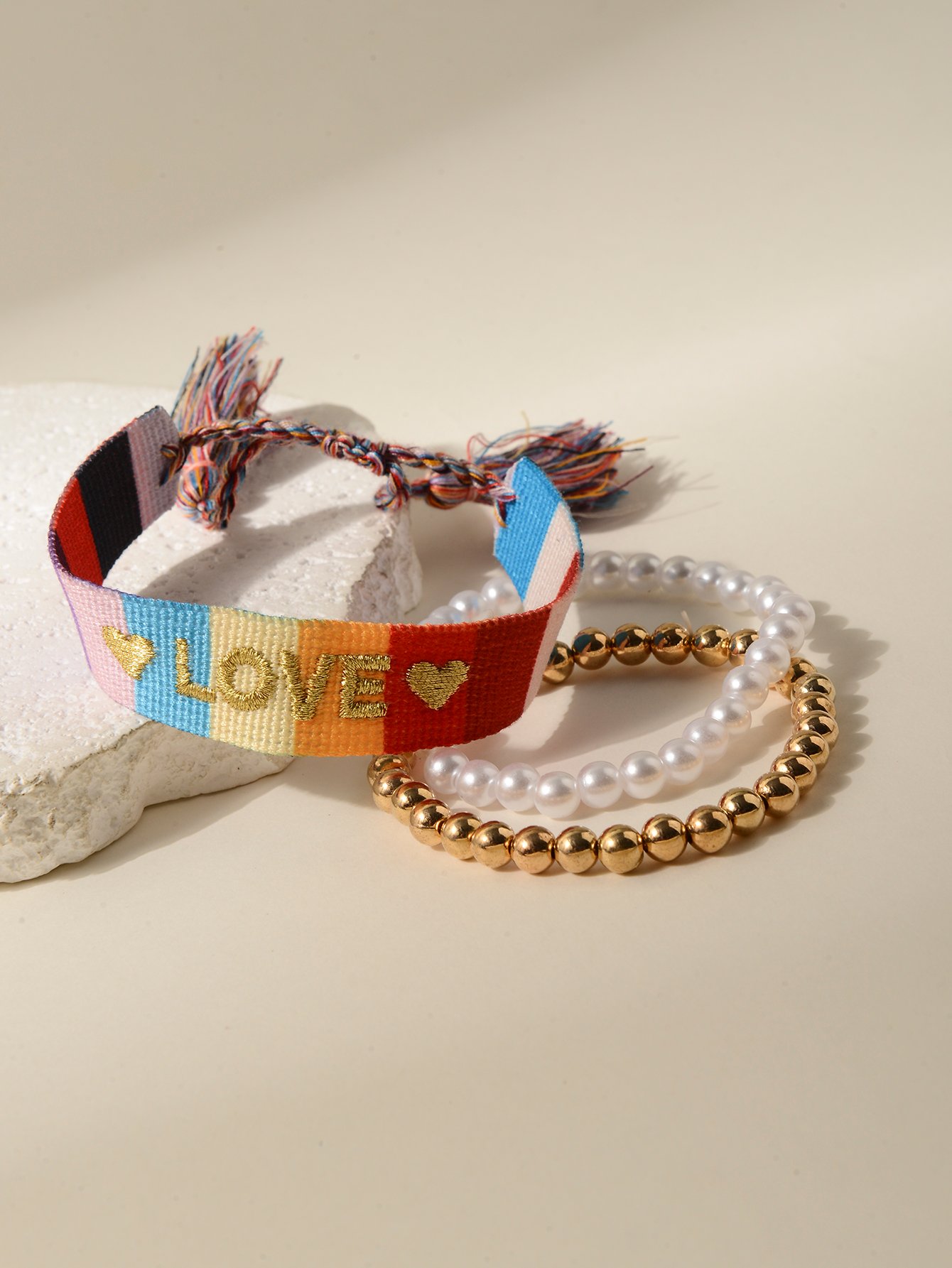 Multi-Color Love Embroidery and Beaded Bracelet Set - 3 Pcs