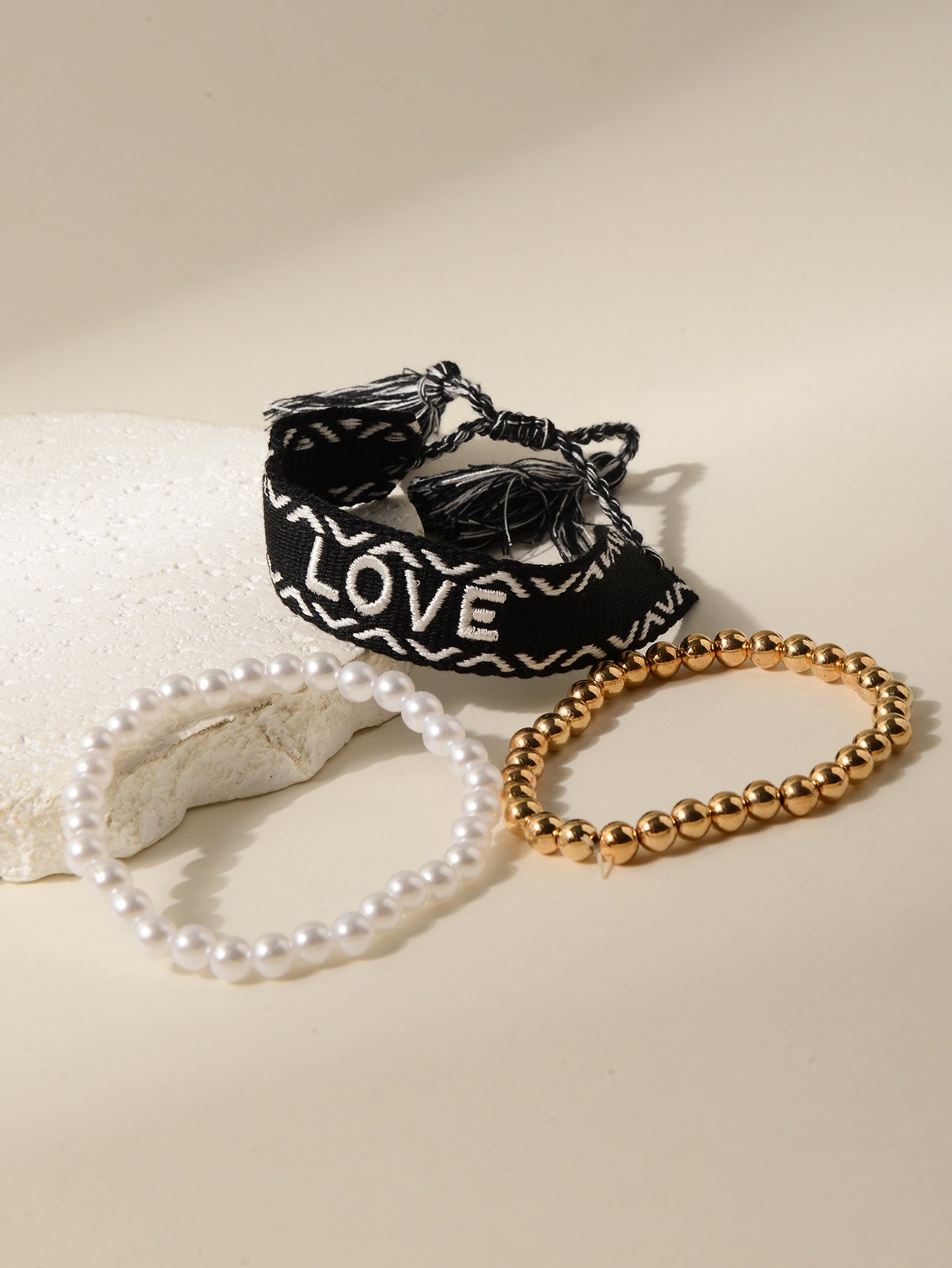 3-Piece Multi-Color Embroidered LOVE Stretch Bracelet Set
