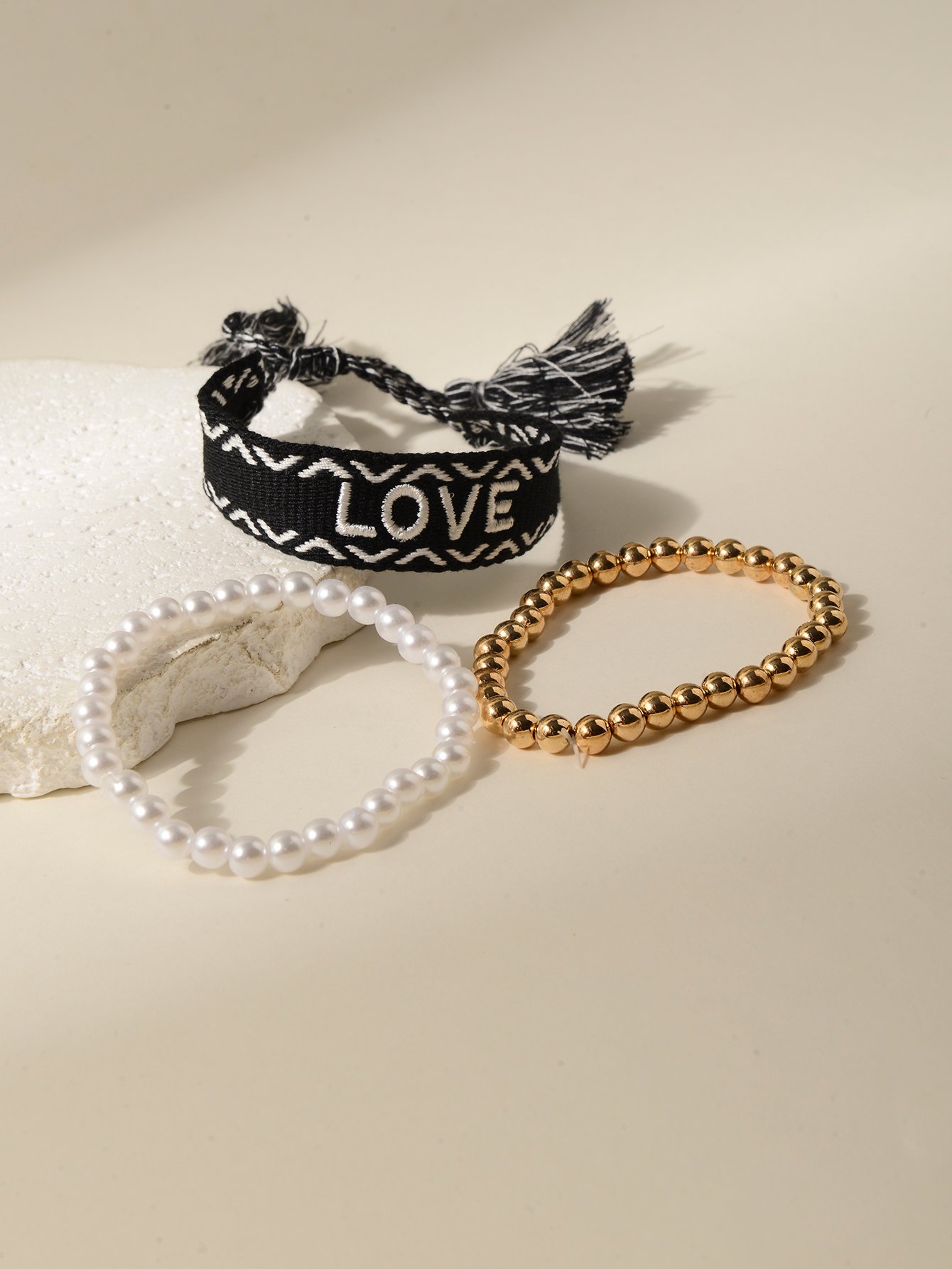 3-Piece Multi-Color Embroidered LOVE Stretch Bracelet Set