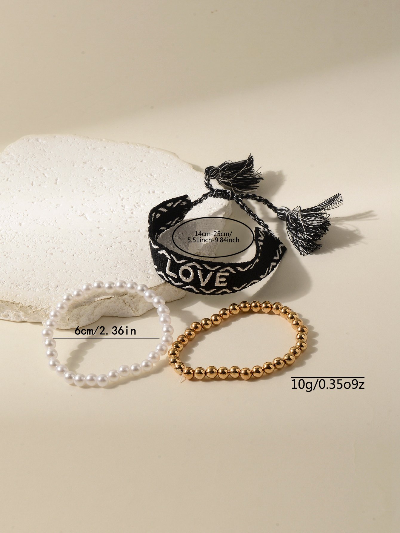 3-Piece Multi-Color Embroidered LOVE Stretch Bracelet Set